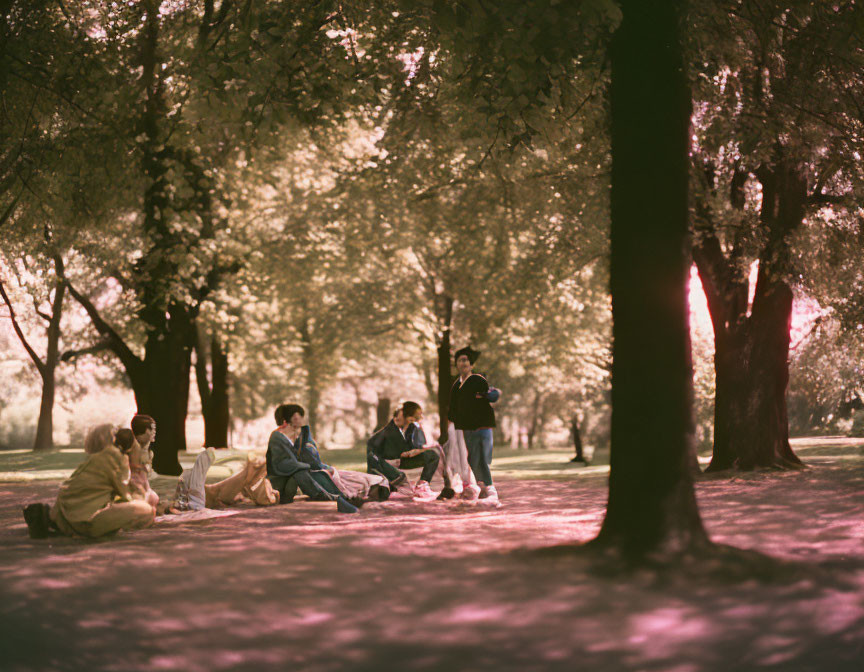 People socializing in a park under dappled sunlight