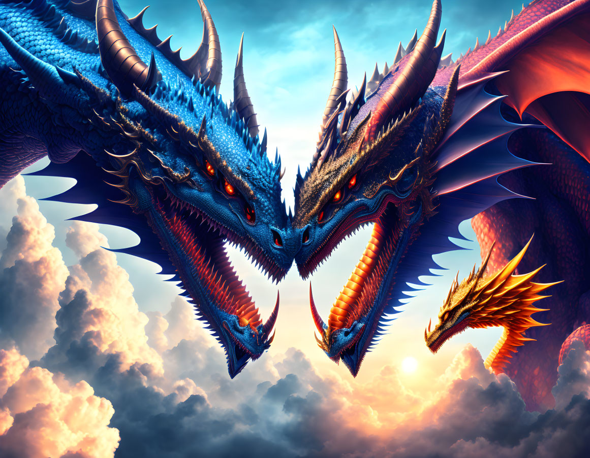 Majestic blue dragons with glowing eyes and sharp horns in dramatic sky.