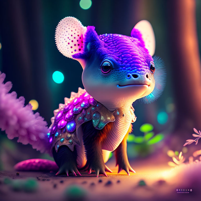 Colorful fantastical creature with large ears in mystical forest.