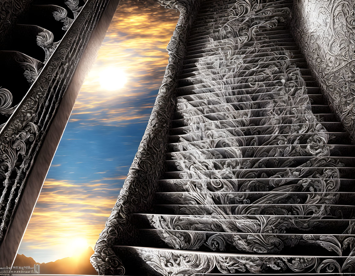 Intricate spiral staircase under dramatic sky with sun peeking through clouds