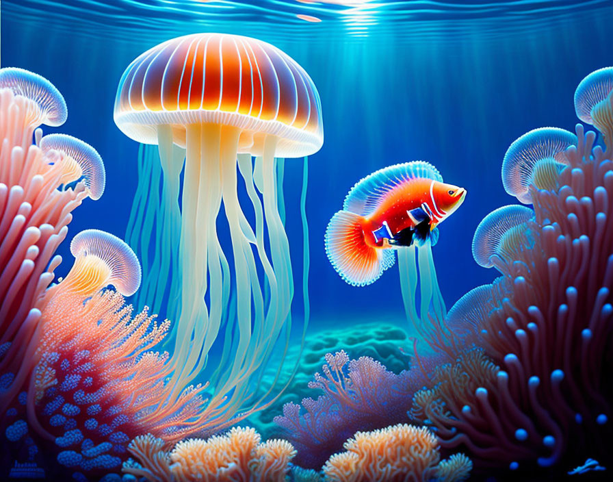 Colorful Underwater Scene with Large Jellyfish and Bright Fish