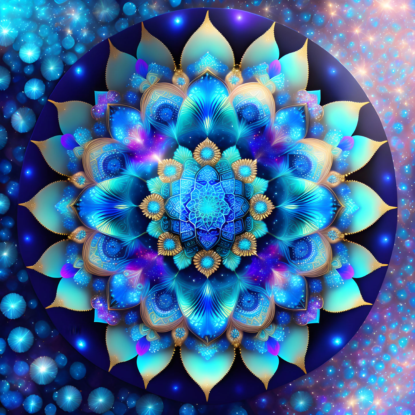 Intricate Blue and Gold Digital Mandala with Cosmic Background