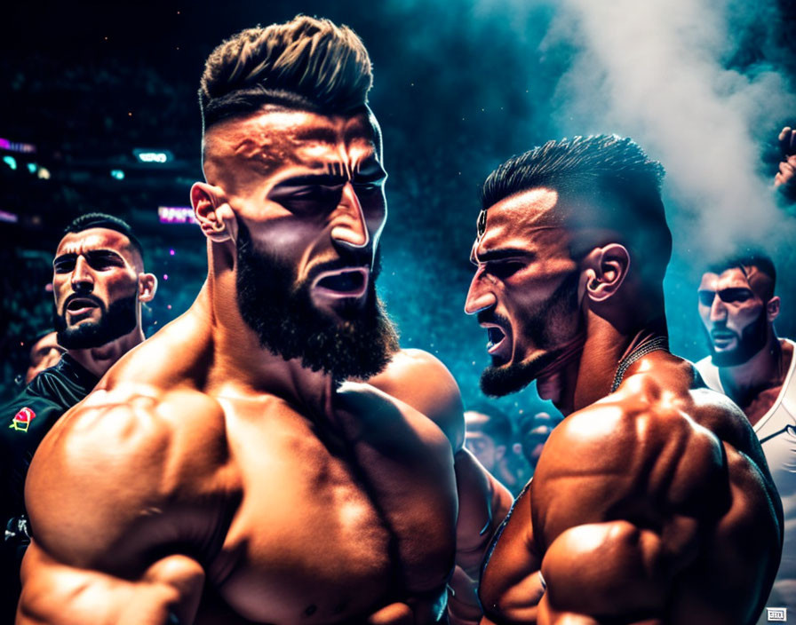 Muscular animated characters in intense face-off scene with cheering crowd