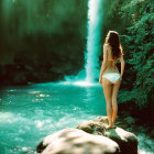 Woman in White Outfit Standing on Rock in Rushing Stream