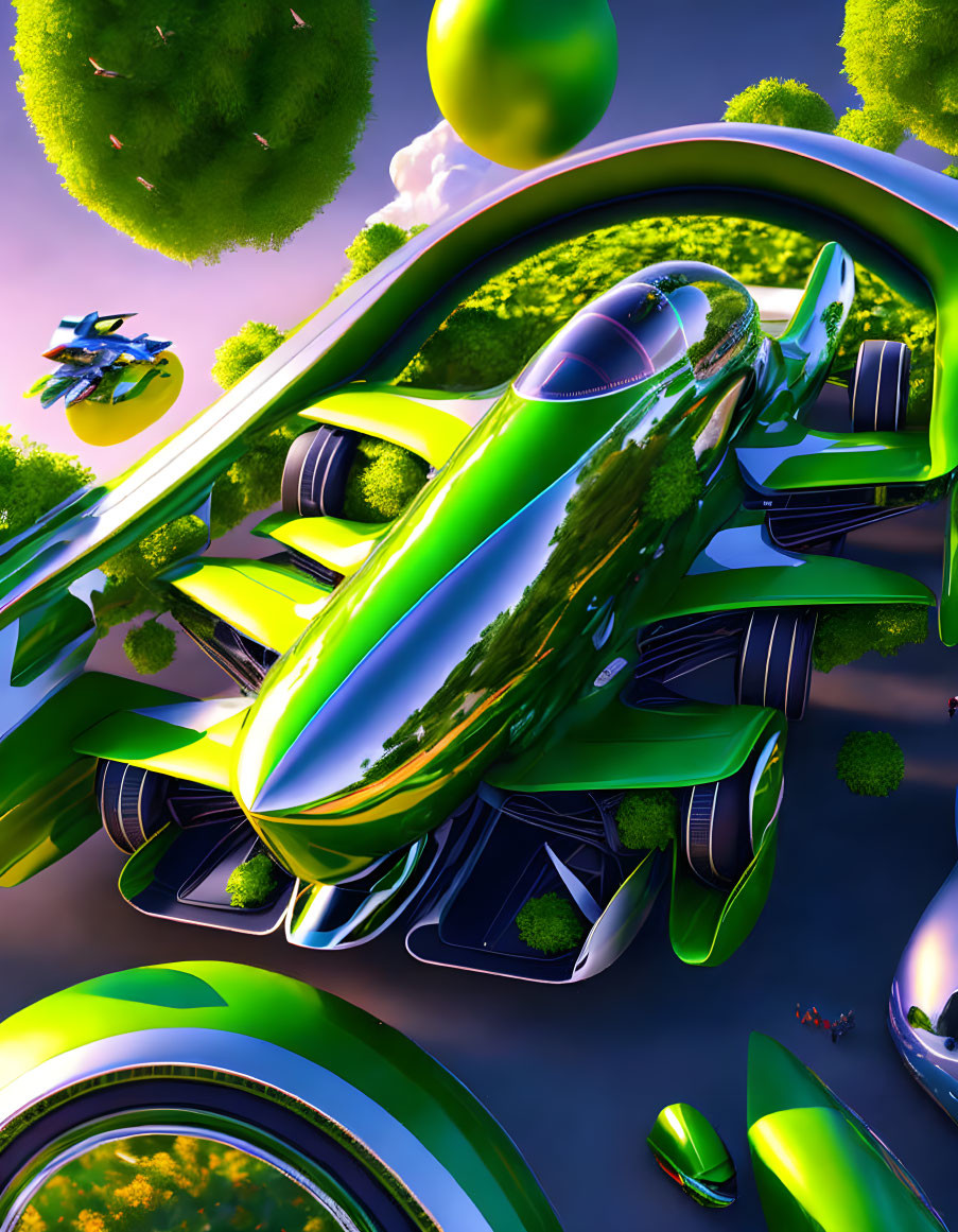 Futuristic green hover vehicle above vibrant landscape