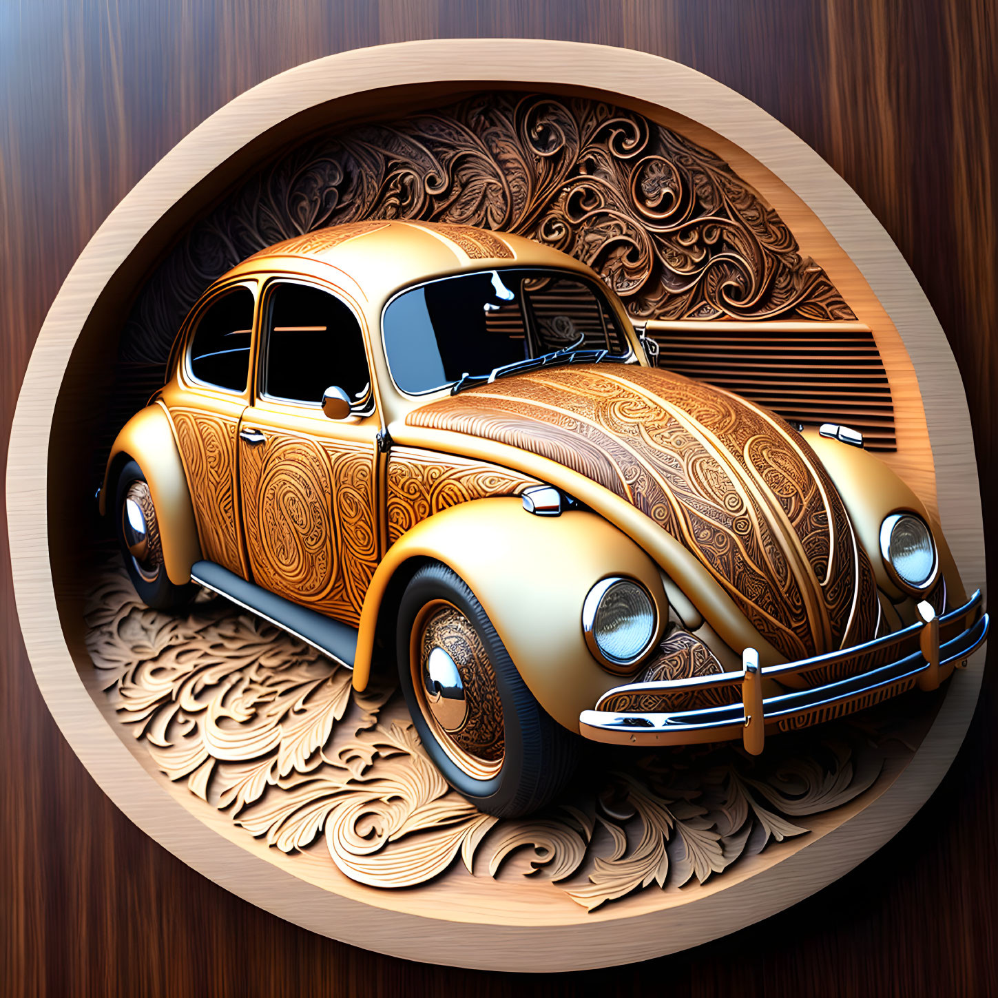 Vintage Car Artwork: Intricately Patterned Volkswagen Beetle in Oval Wooden Frame