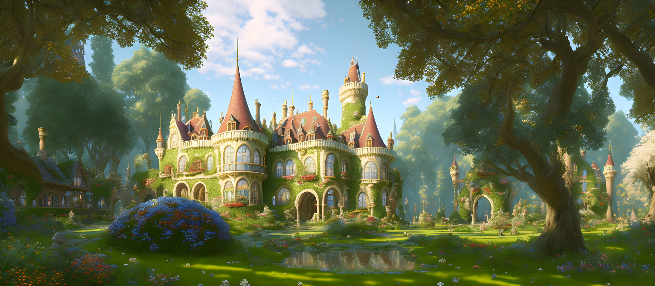 Lush Forest Fantasy Castle with Serene Pond