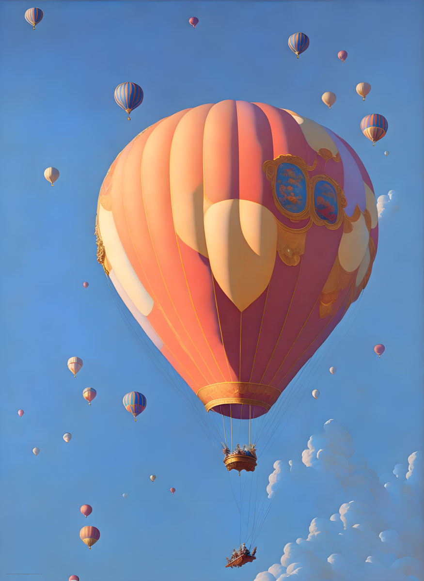 Colorful hot air balloon among others in blue sky with clouds