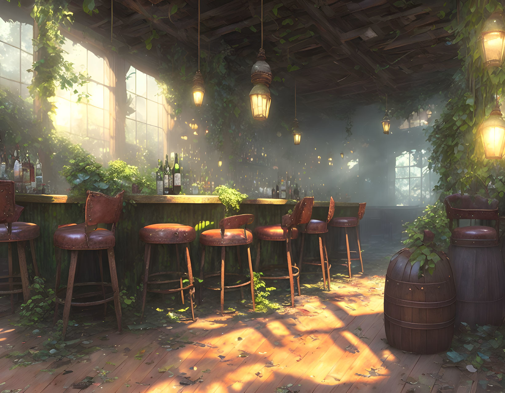 Serene bar with plants, wooden stools, and sunlight filtering in