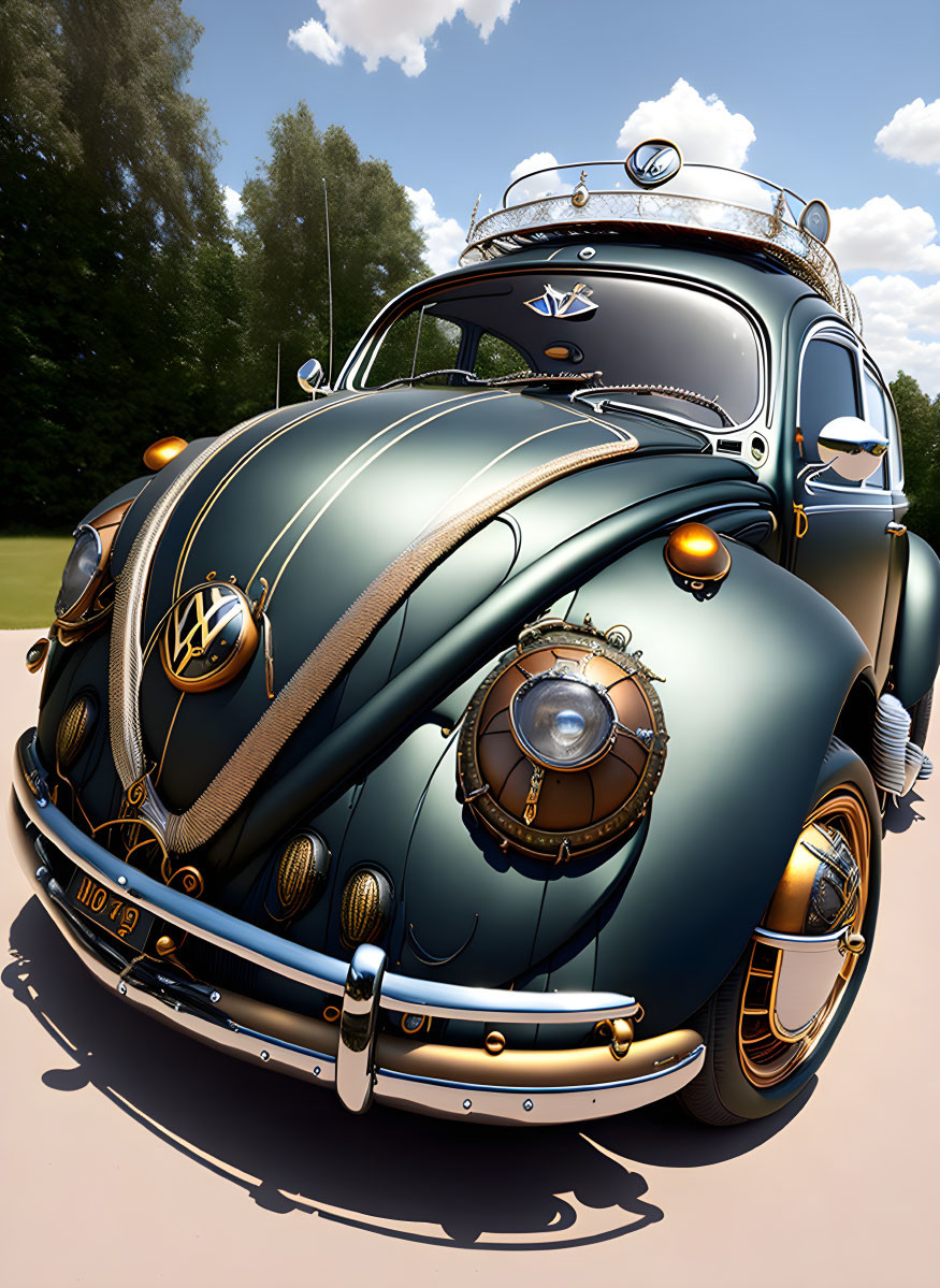 Vintage teal Volkswagen Beetle with steampunk modifications under clear blue sky