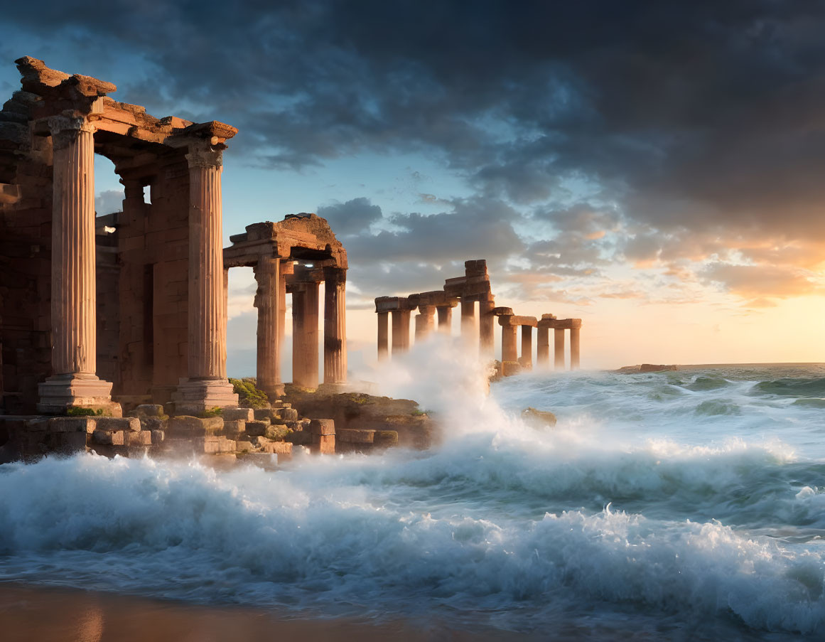 Ancient columns ruins with crashing waves and dramatic sunset