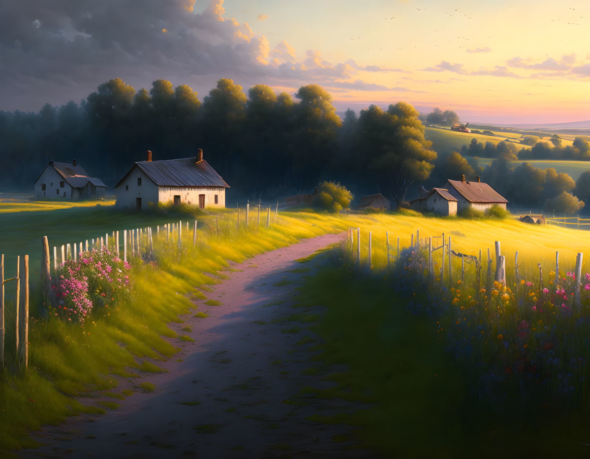 Tranquil rural sunset landscape with winding path and cottages