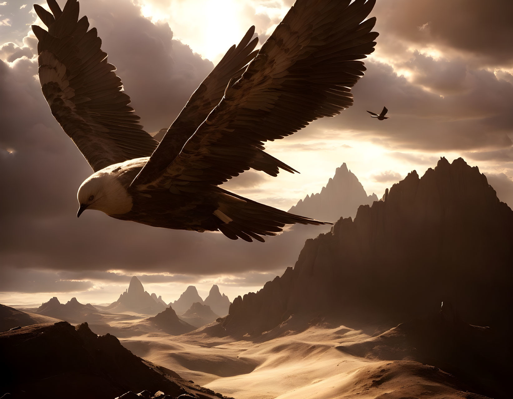 Majestic eagle flying over dramatic desert landscape