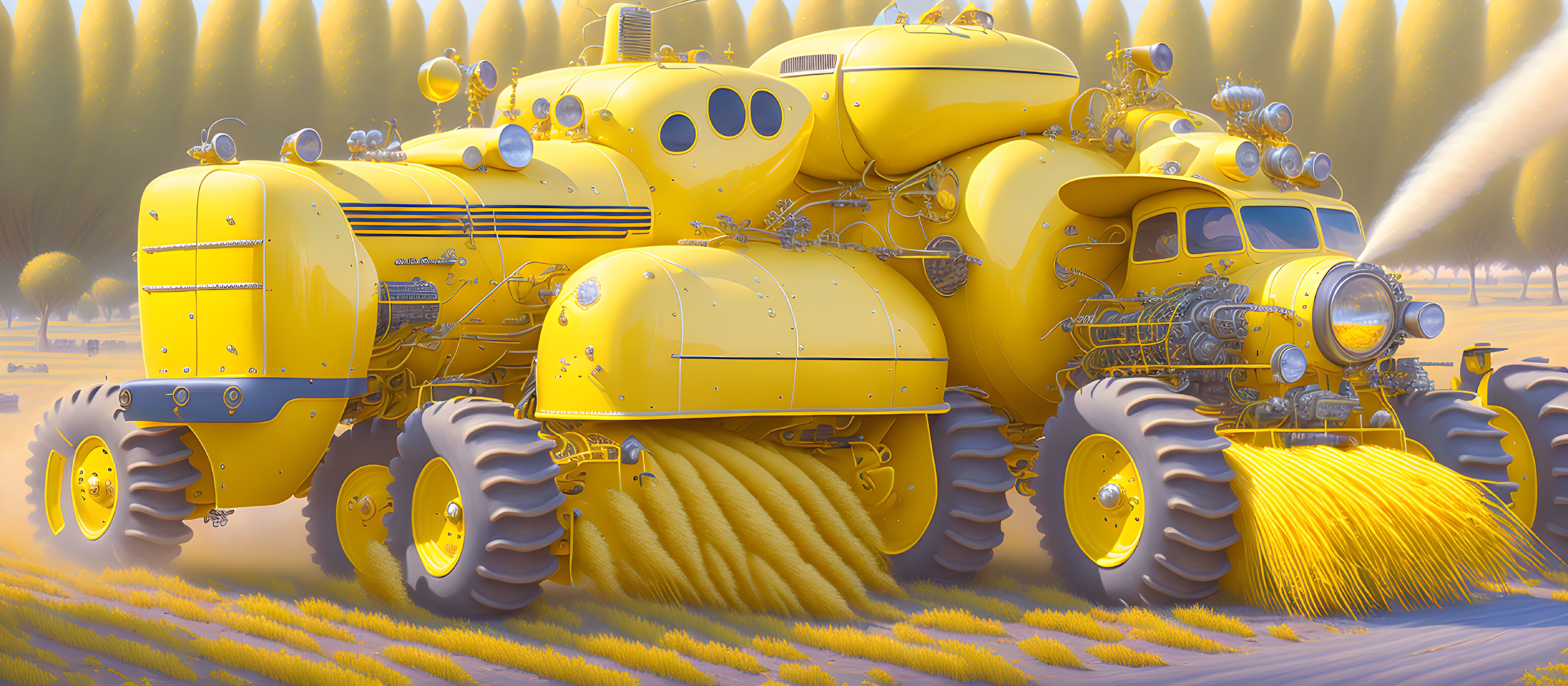 Yellow futuristic agricultural machinery in field with intricate mechanical details