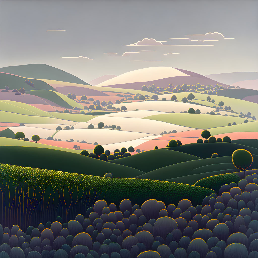 Stylized landscape: Rolling hills, layered colors, trees, and soft clouds