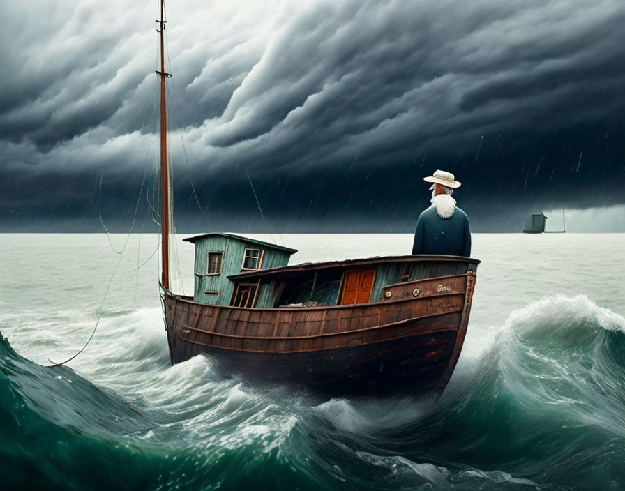 Person in raincoat on old fishing boat in stormy sea with distant ship