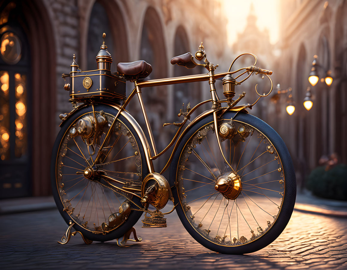 Vintage Bicycle with Gold Detailing on Cobbled Street in Soft Sunlight