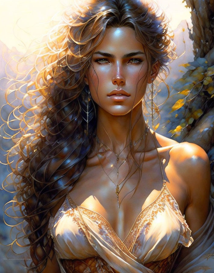 Woman with flowing curly hair in golden dress under sunlit backdrop