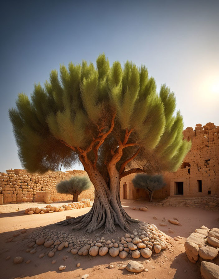 Robust tree in desert landscape with ruins and blue sky