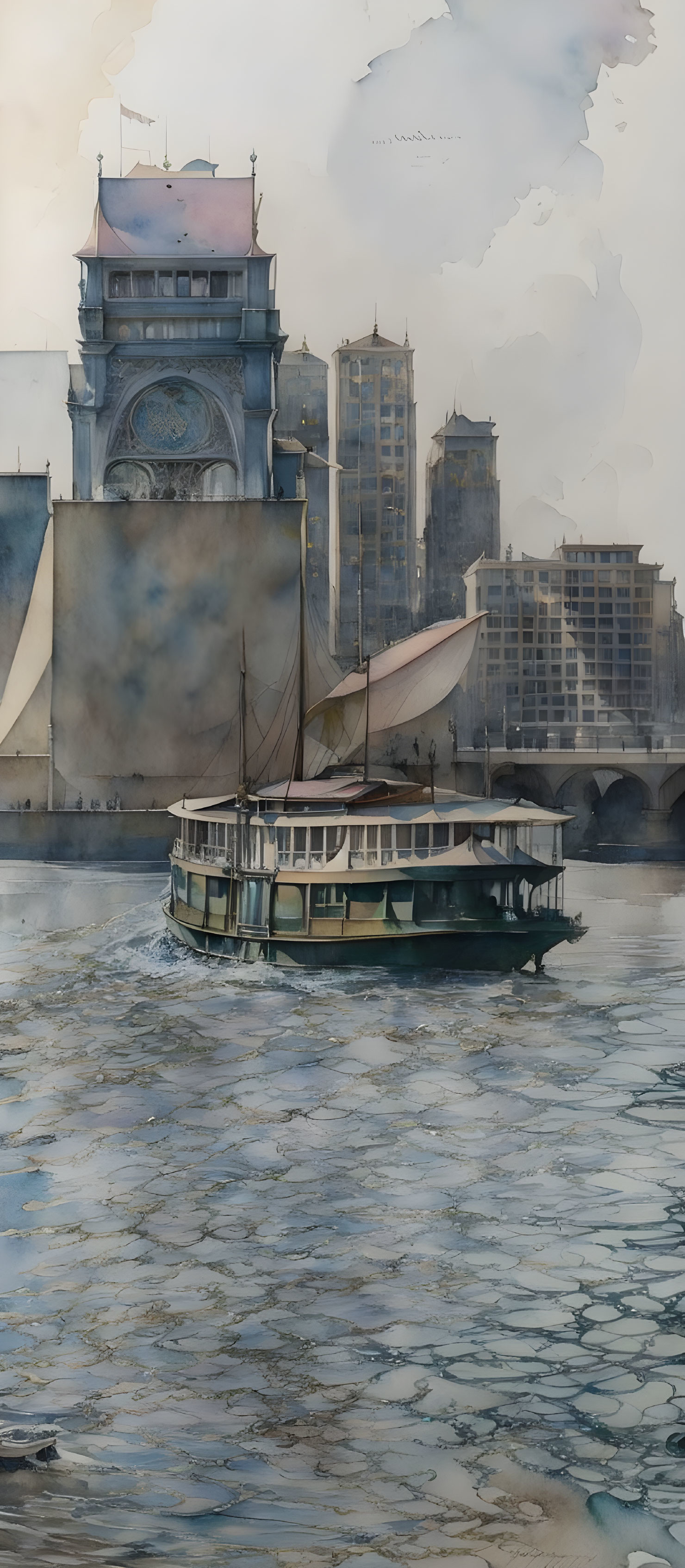 Historical cityscape watercolor painting with boat on river