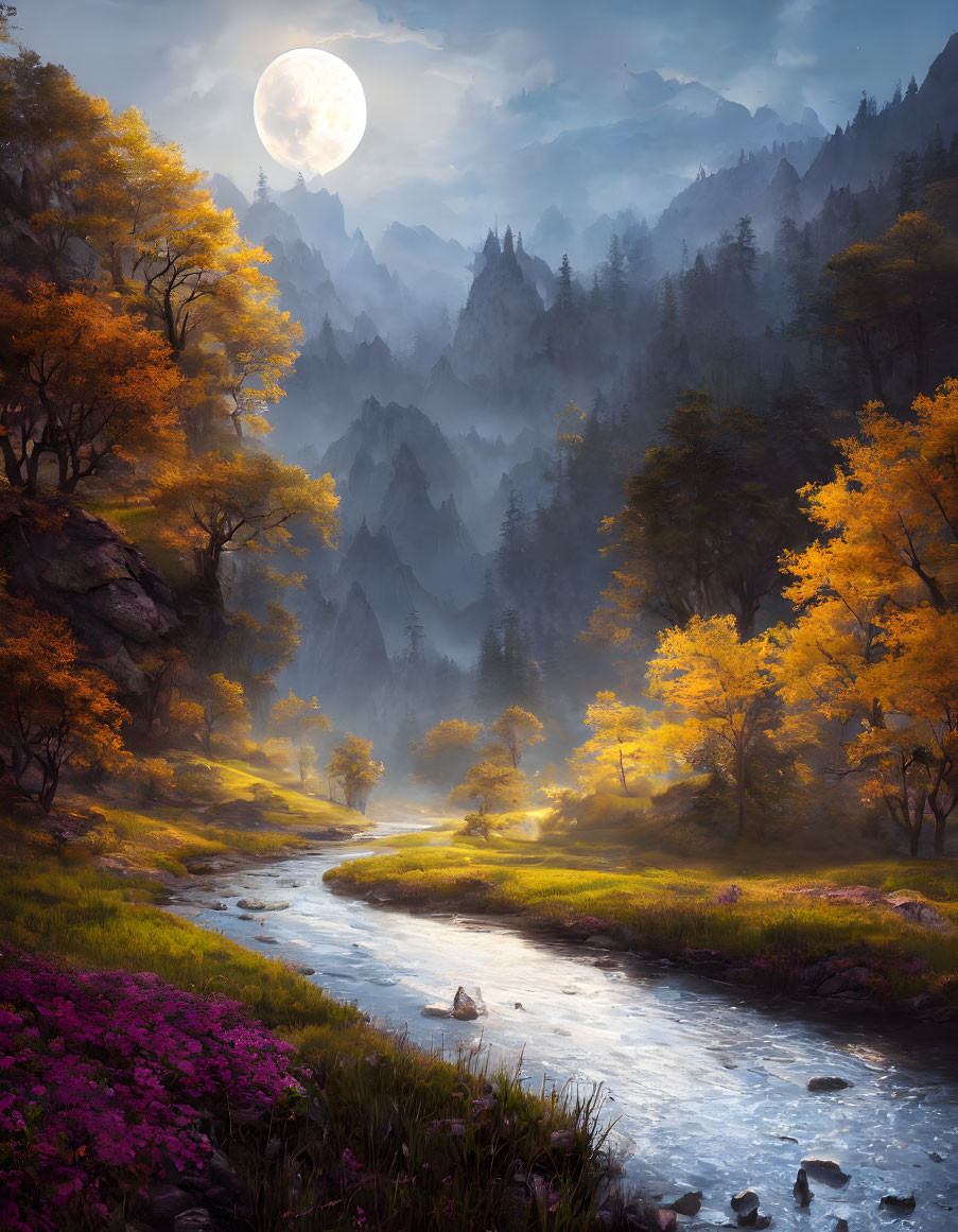 Tranquil twilight landscape with full moon over river, autumn trees, and misty mountains