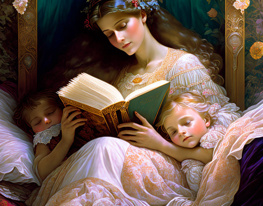 Serene woman reading book beside sleeping children in warm setting