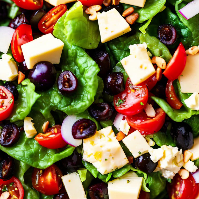 Vibrant Salad with Leafy Greens, Cherry Tomatoes, Cheese, Olives, Pine N