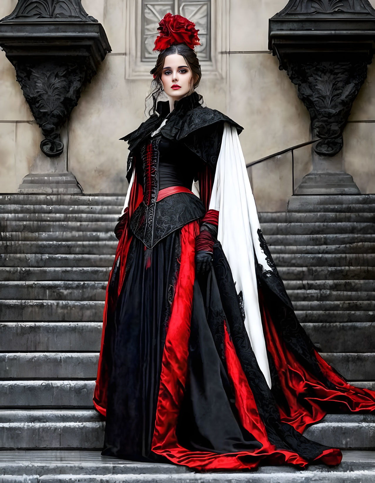 Gothic-inspired woman in red and black outfit on stairs