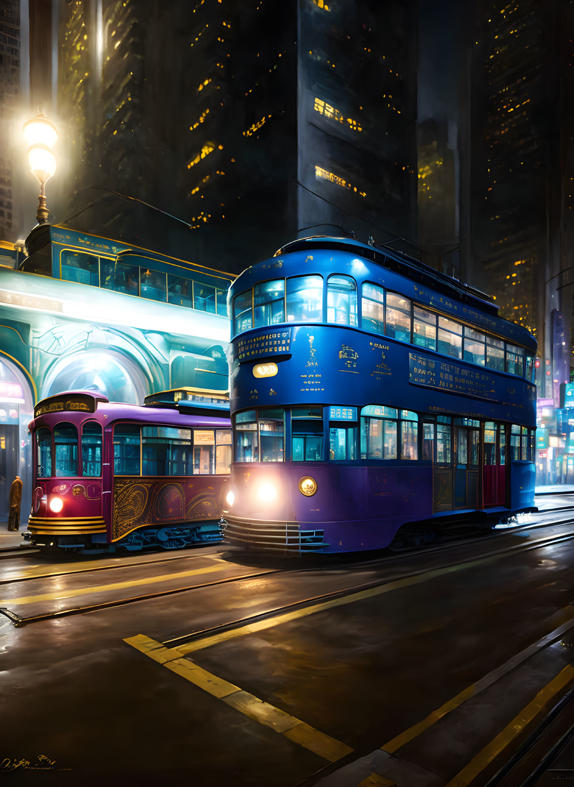 Vintage-style trams in futuristic cityscape with neon lights and mist