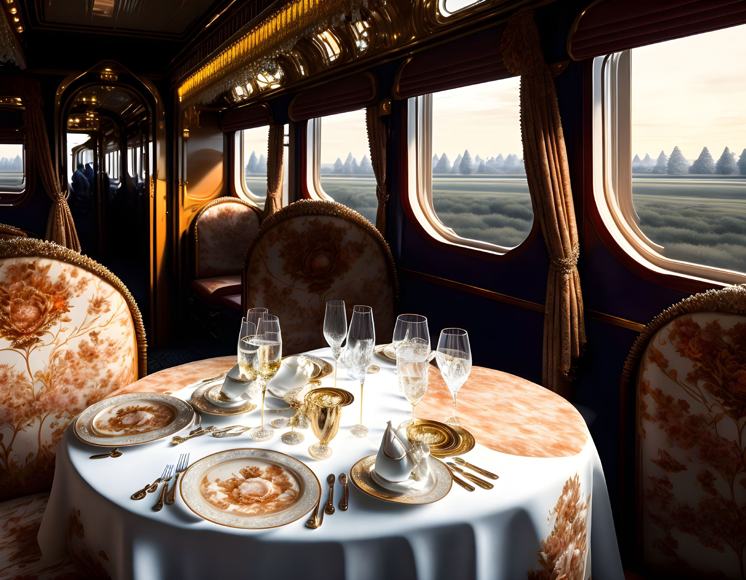 Luxurious Train Dining Car with Set Table and Scenic Views