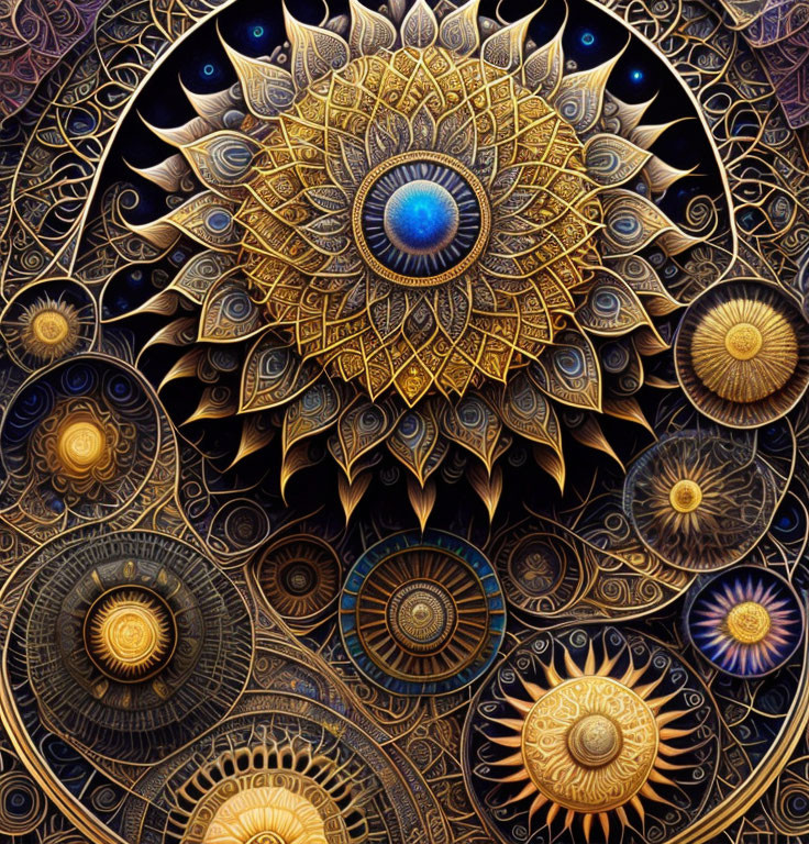 Intricate Mandala Artwork with Multiple Eyes in Gold, Blue, and Brown