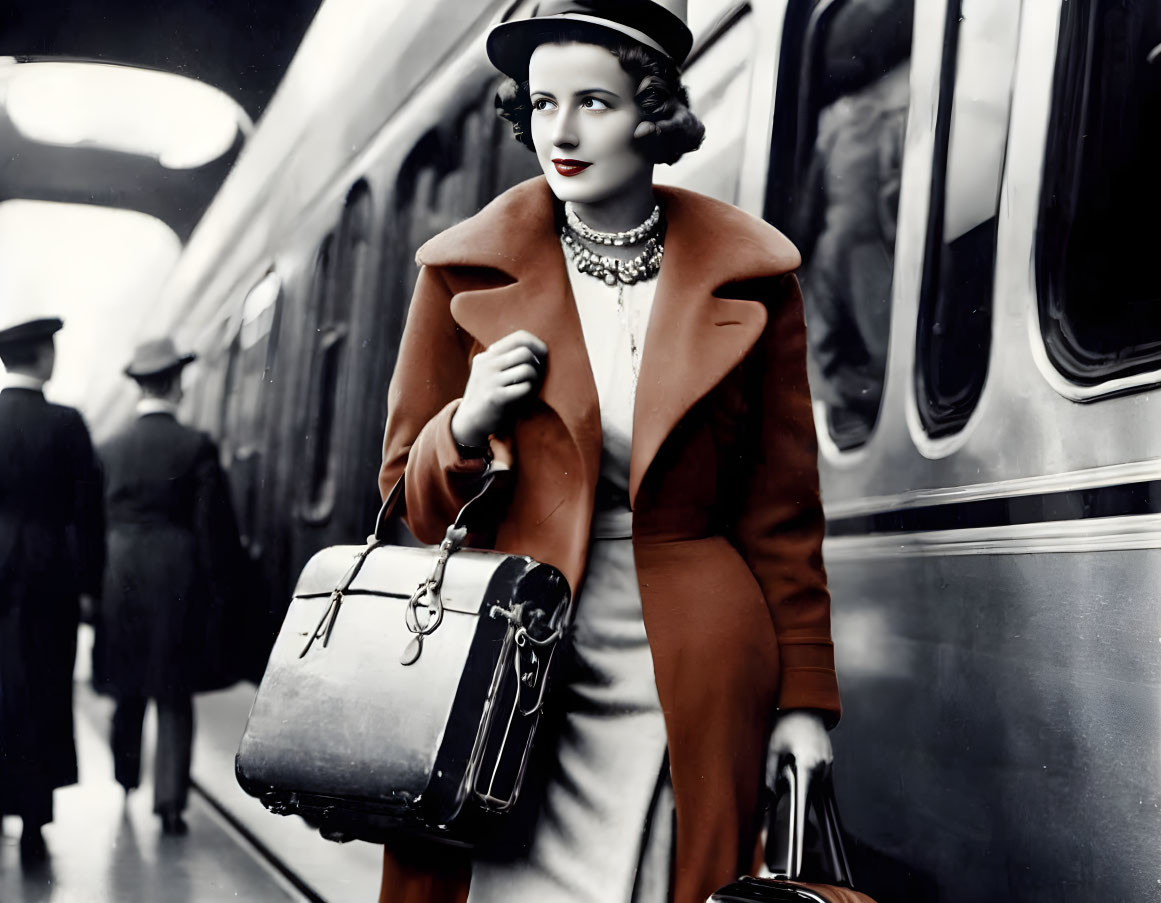 Vintage attired woman with briefcase and purse at train station