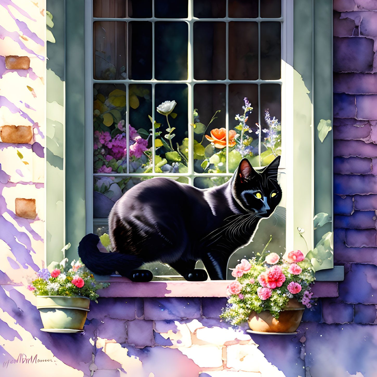 Black Cat Resting on Flower-Adorned Windowsill Against Purple Wall