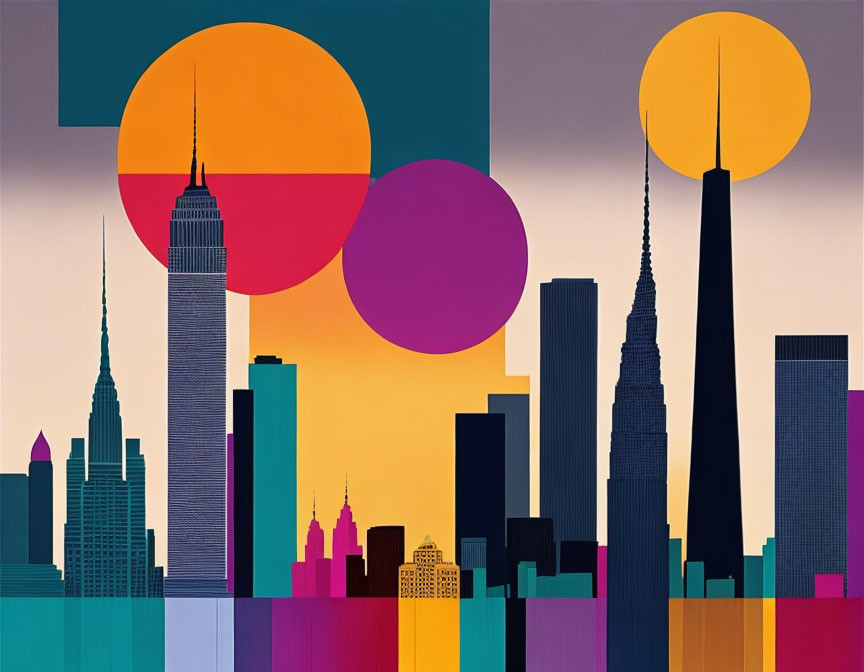 Colorful Geometric Shapes Over Silhouetted Cityscape at Sunset