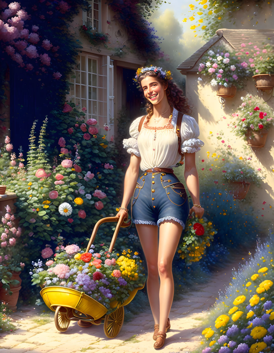 Smiling woman pushing wheelbarrow in garden with colorful flowers and cottage