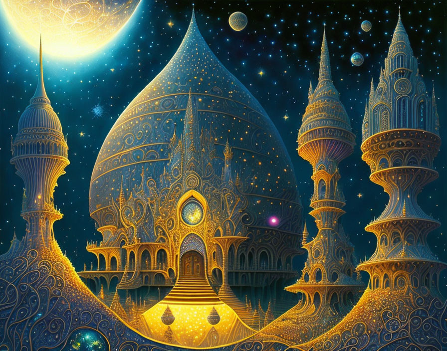 Fantasy palace with ornate towers under starry sky and crescent moon reflected on water.