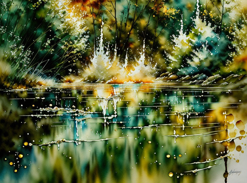 Serene forest landscape in colorful watercolor