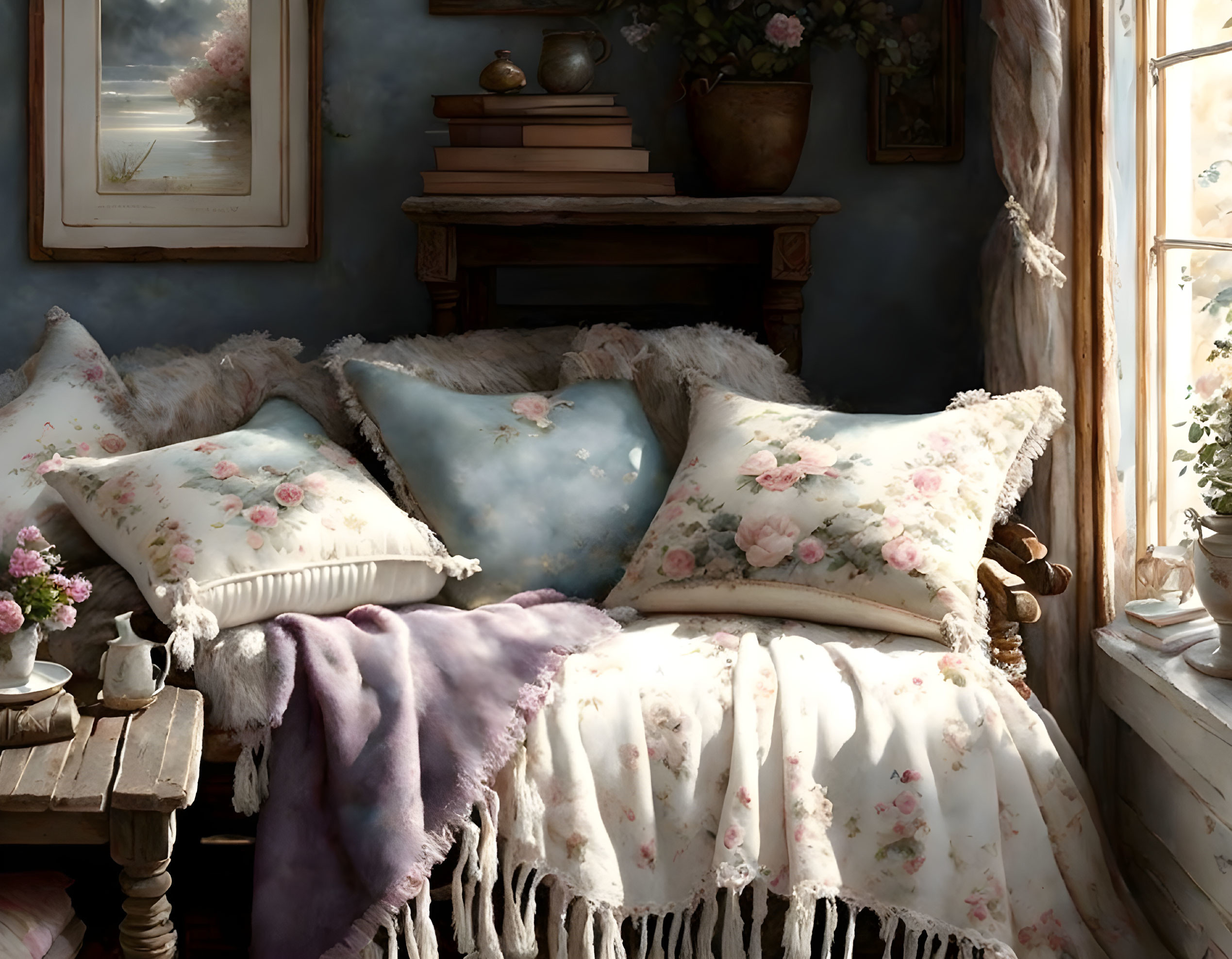 Vintage Bedroom Corner with Floral Pillows, Fur Throw, Wooden Bench, Framed Pictures, and Flower