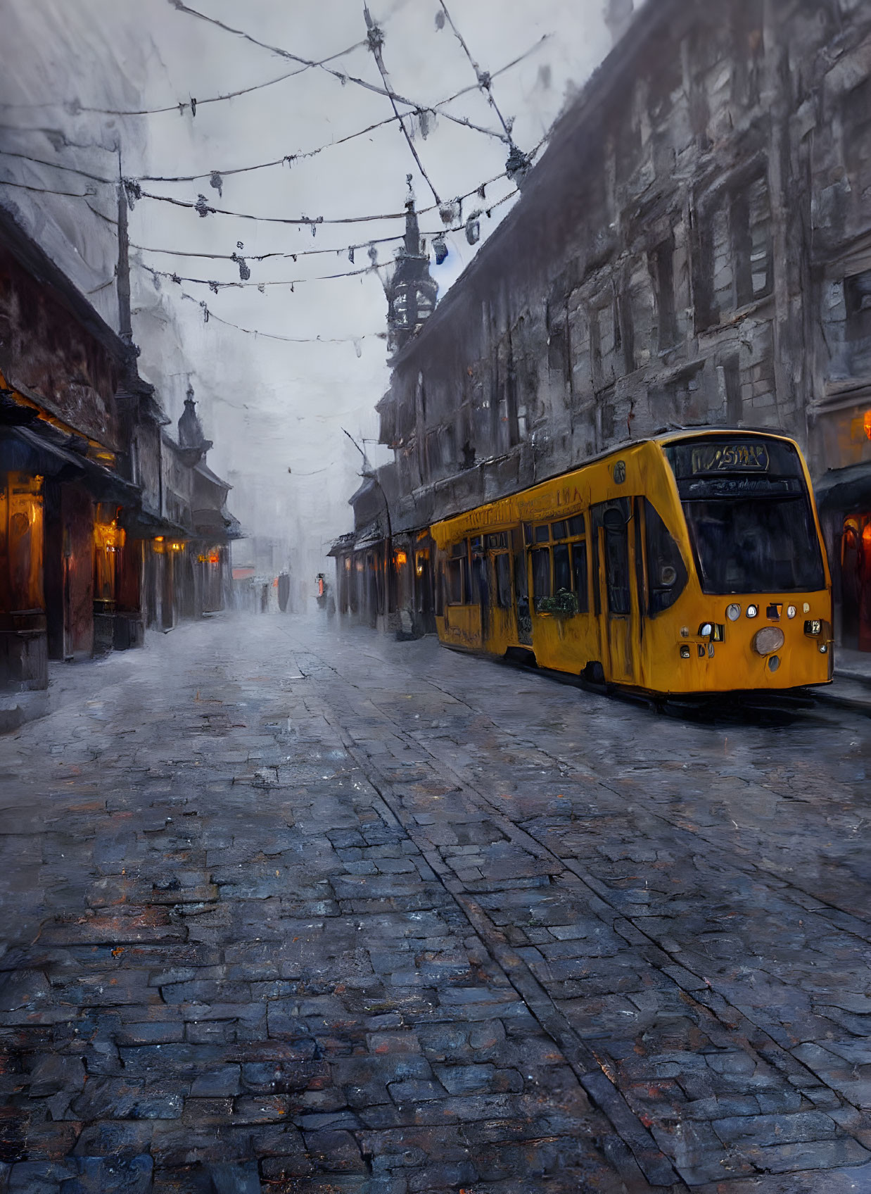 Yellow tram navigating misty cobblestone street with old buildings and overhead cables