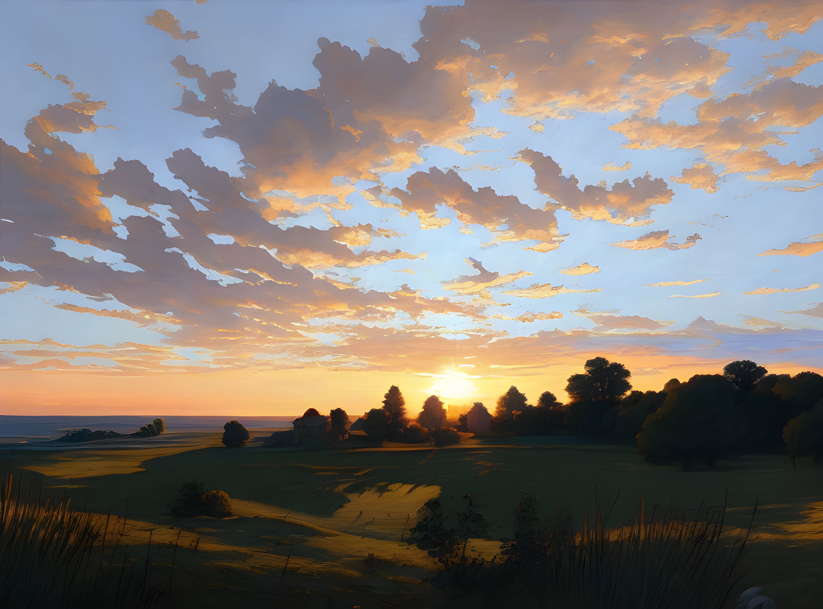 Tranquil sunset scene with golden hues, grassy landscape, clouds, and tree silhouettes