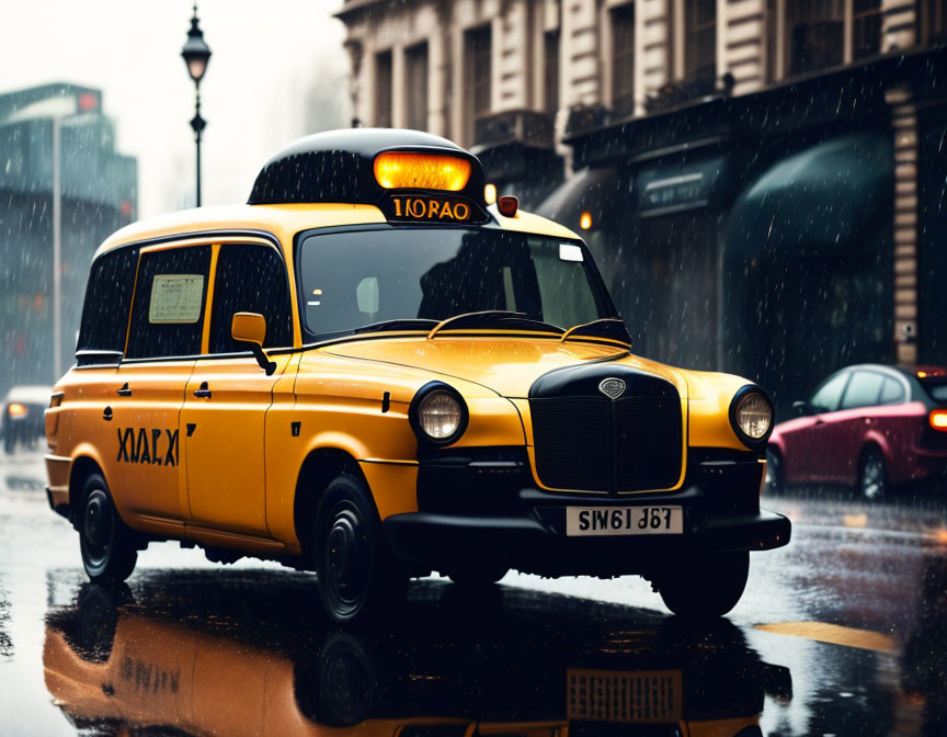 Yellow Taxi with Headlights on Wet Street on Rainy Day