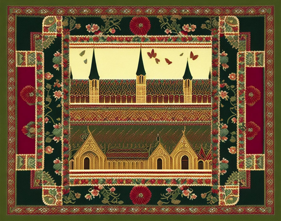 Ornate mosque tapestry with floral motifs and birds in green and red palette