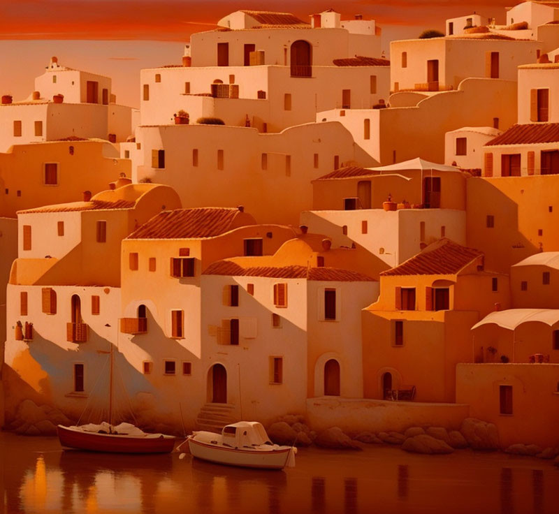 Mediterranean-style Buildings and Boats in Warm Sunset Setting