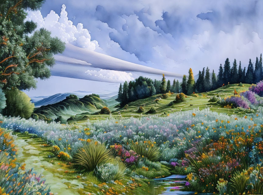 Vibrant landscape painting with meadow, stream, forests, hills & sky