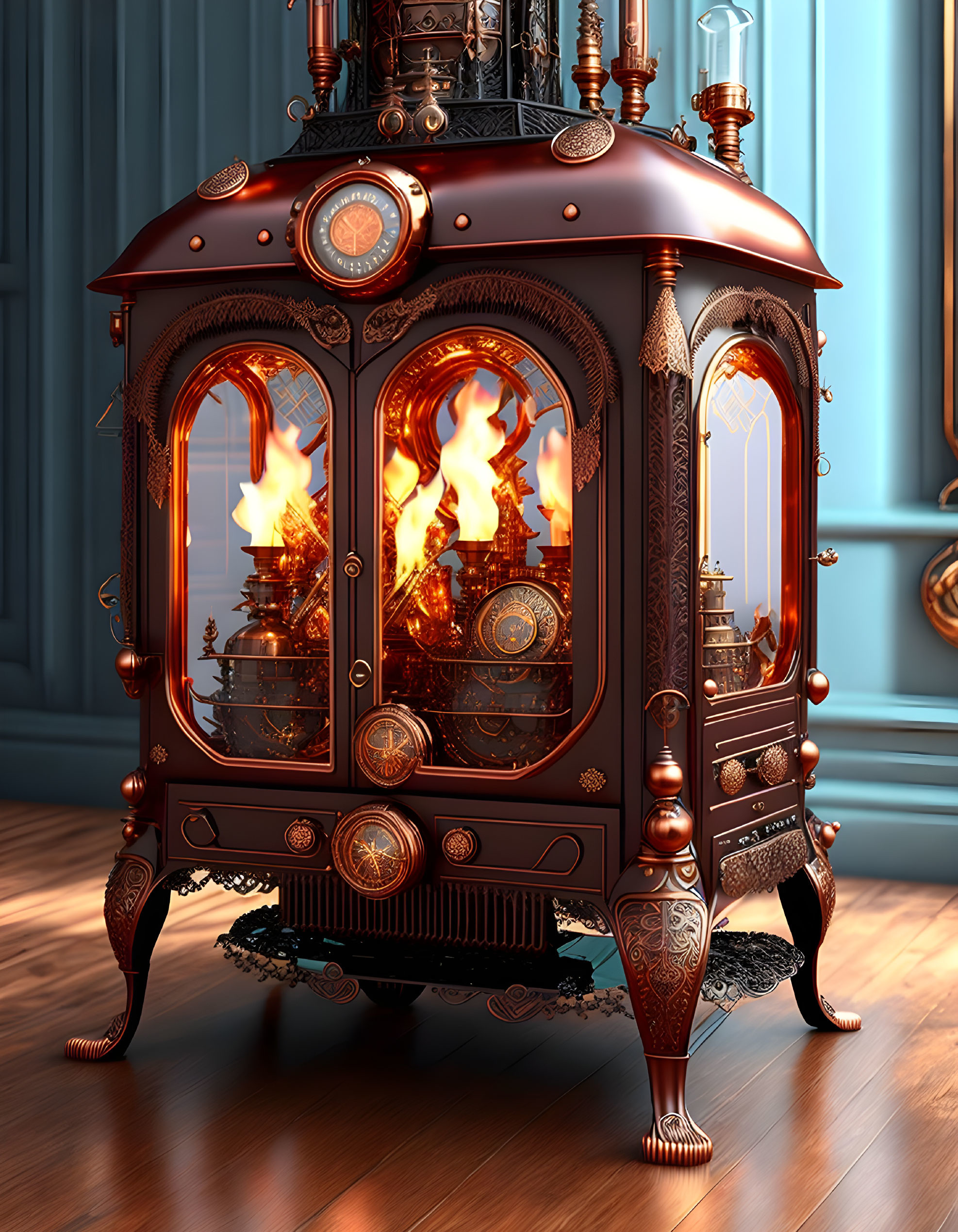 Steampunk fireplace with copper gears on blue wall