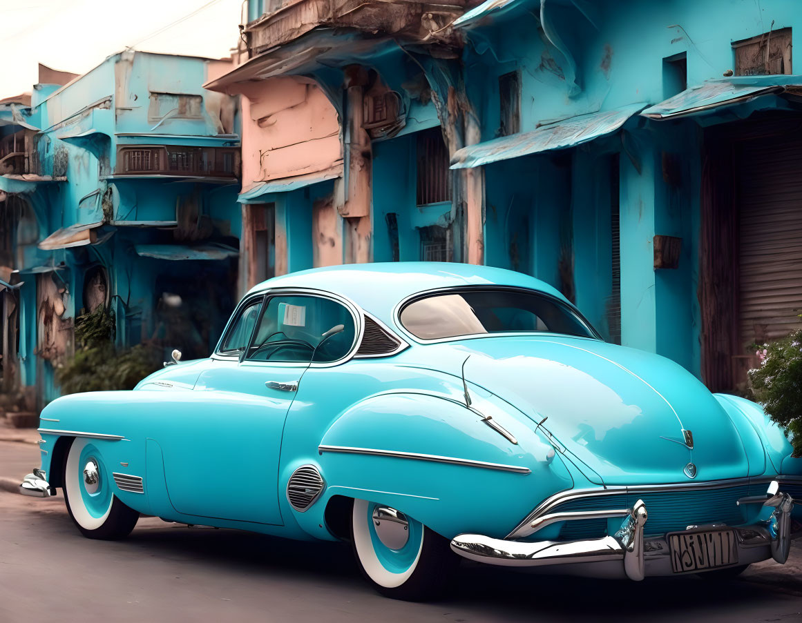 Vintage Teal Car Parked in Front of Matching Colored Old Buildings