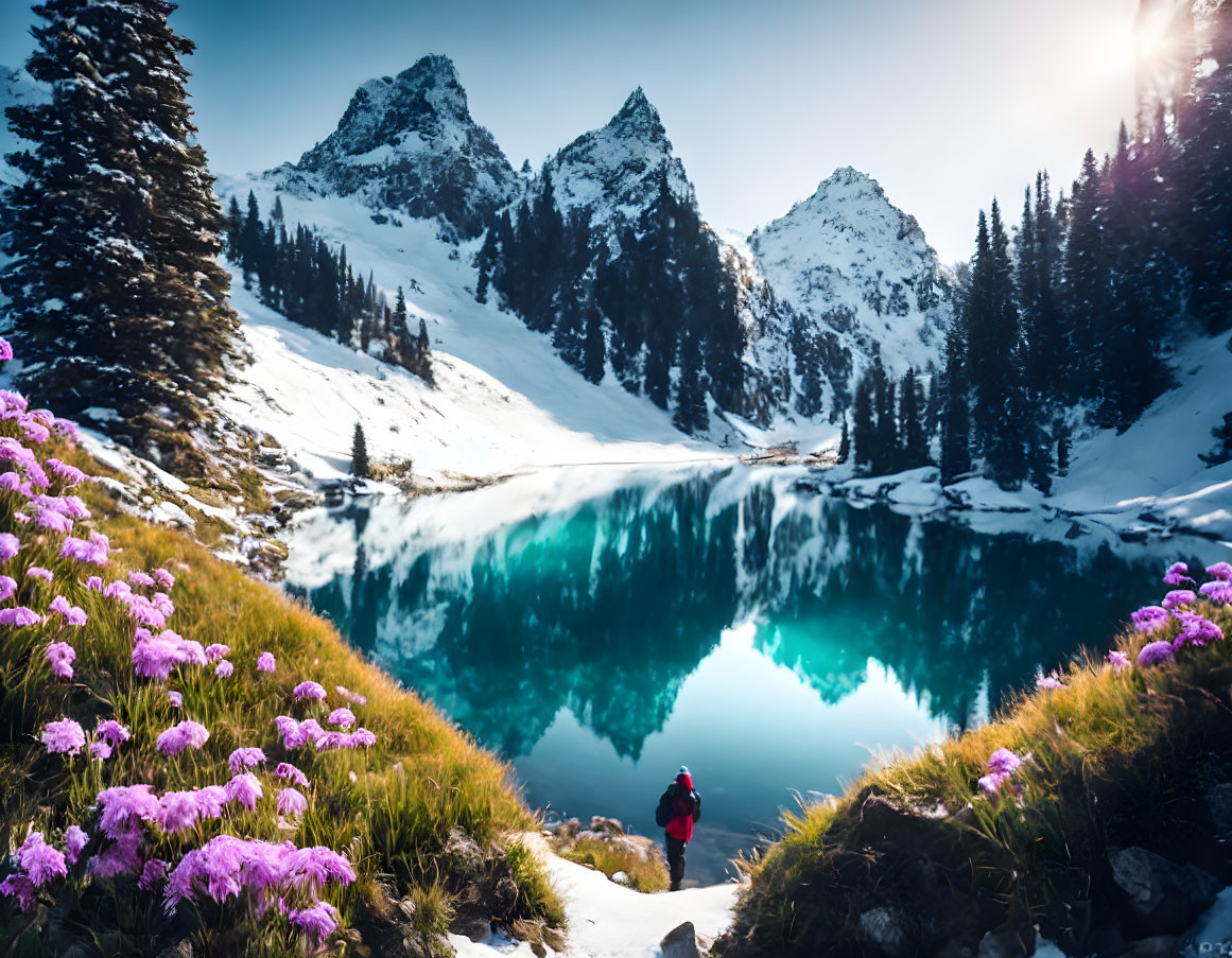 Person in Red Jacket by Alpine Lake with Pink Flowers and Snow-Covered Mountains