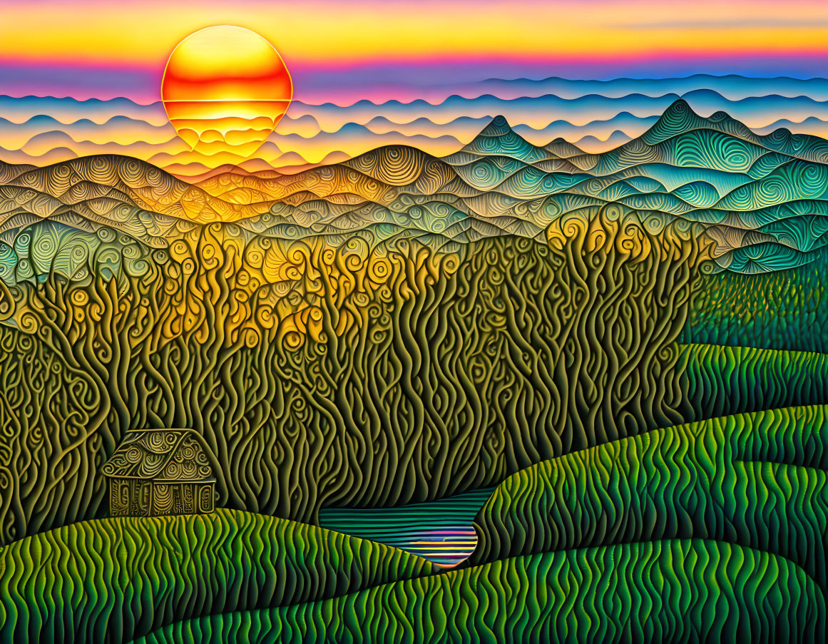 Colorful Landscape with House, Sun, and Wavy Patterns