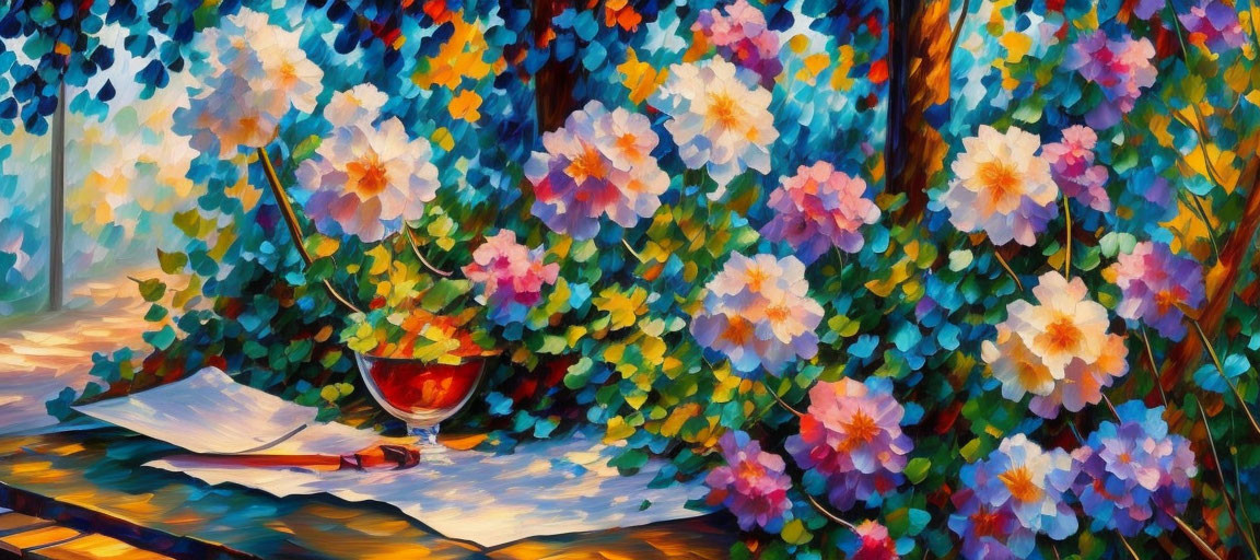 Colorful painting of blossoming flowers, open book, and glass on wooden table