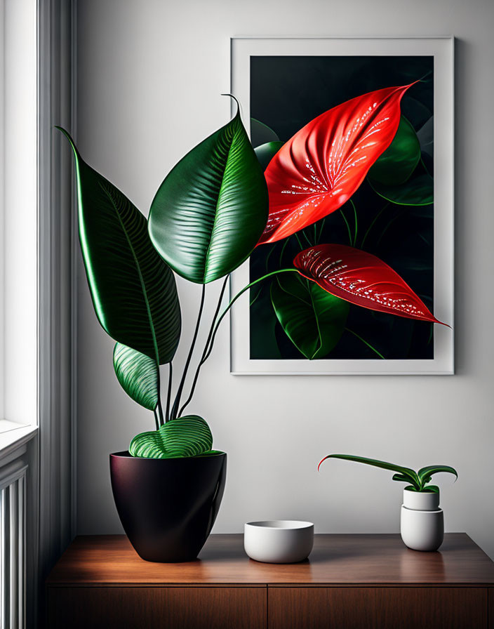 Large green leaf potted plant next to framed red and green leaves on wall